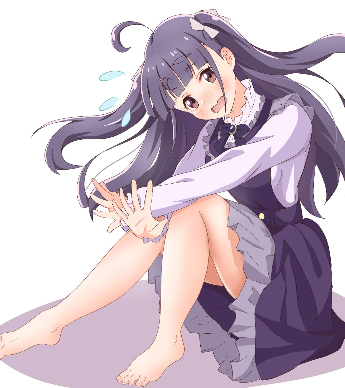 tasogare0101, chofu noriko, ikizulive! love live! bluebird, love live!, commentary, hashtag-only commentary, highres, 1girl, ahoge, bare legs, barefoot, blunt bangs, blush, brown eyes, dress, flying sweatdrops, frilled dress, frilled shirt, frills, full body, long hair, looking at viewer, nose blush, open mouth, outstretched crossed arms, peanut mouth, pinafore dress, purple dress, purple hair, shirt, sidelocks, simple background, sitting, sleeveless, sleeveless dress, solo, two side up, white background, white shirt