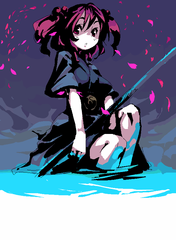 onozuka komachi, touhou, 1girl, blue dress, dress, female focus, looking at viewer, polearm, puffy short sleeves, puffy sleeves, red eyes, red hair, scythe, short sleeves, sitting, soaking feet, solo, twintails, two side up, water, weapon