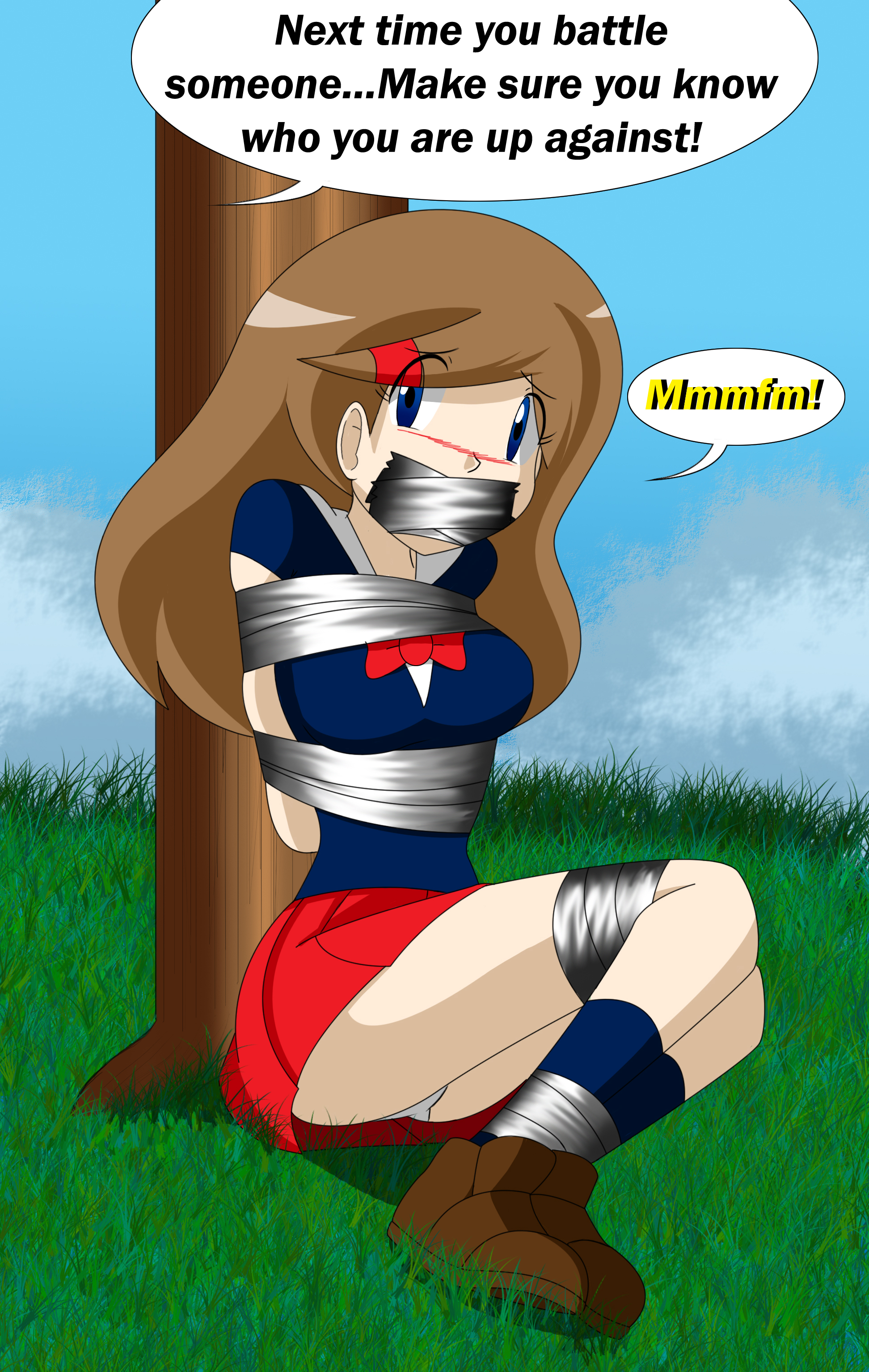 raya100, lass (pokemon), nintendo, original, pokemon, absurdres, highres, arms behind back, bdsm, bondage, bound, bound ankles, bound arms, bound legs, gag, gagged, improvised gag, tape, tape bondage, tape gag, taped arms, taped legs