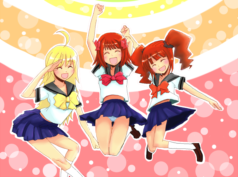 chameleon (pixiv52904), amami haruka, hoshii miki, takatsuki yayoi, idolmaster, idolmaster (classic), idolmaster 1, bad id, bad pixiv id, 00s, panties, pantyshot, school uniform, serafuku, twintails, underwear