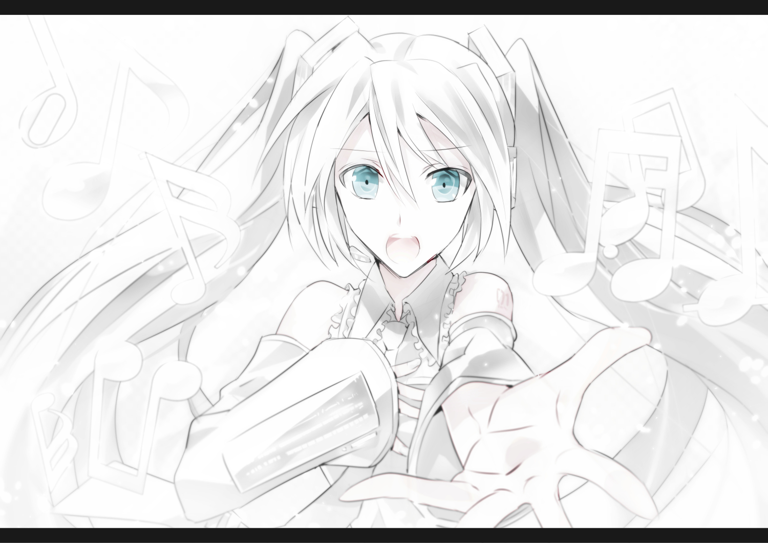 dasshu (dashi now), hatsune miku, vocaloid, commentary request, 1girl, aqua eyes, detached sleeves, hair between eyes, headset, long hair, monochrome, musical note, necktie, open mouth, outstretched arm, reaching, reaching towards viewer, shirt, sleeveless, sleeveless shirt, solo, twintails, very long hair