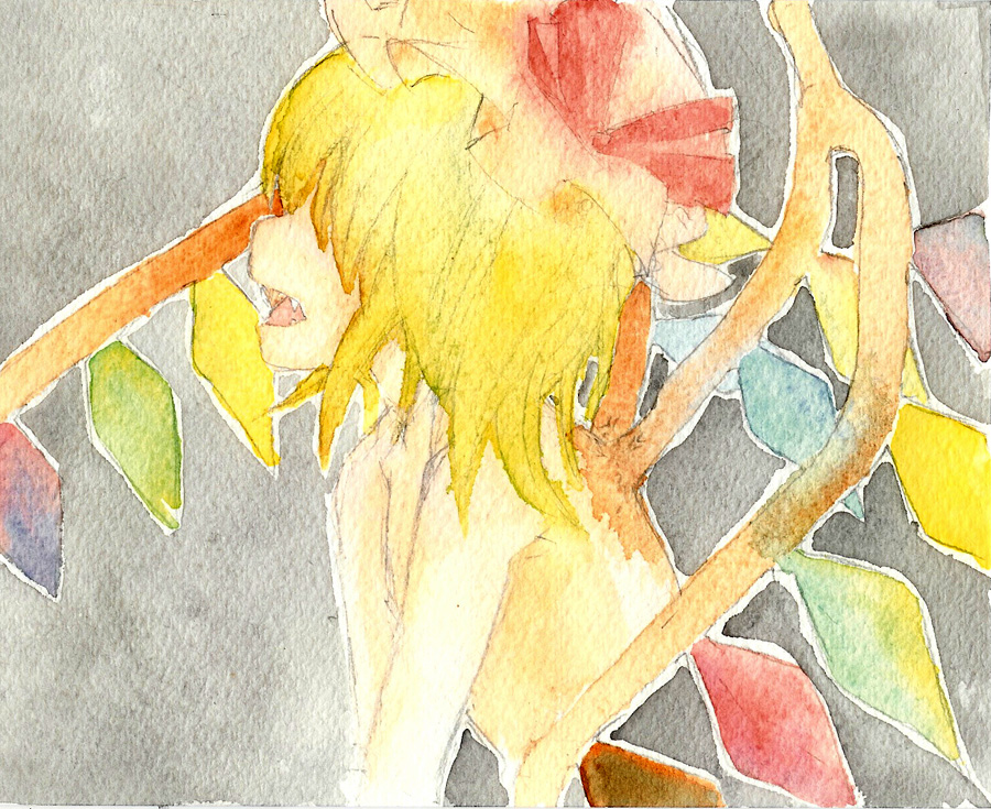 medaka, flandre scarlet, touhou, bad id, bad pixiv id, 1girl, fang, fangs, female focus, from side, hat, mob cap, ribbon, solo, vampire, wings