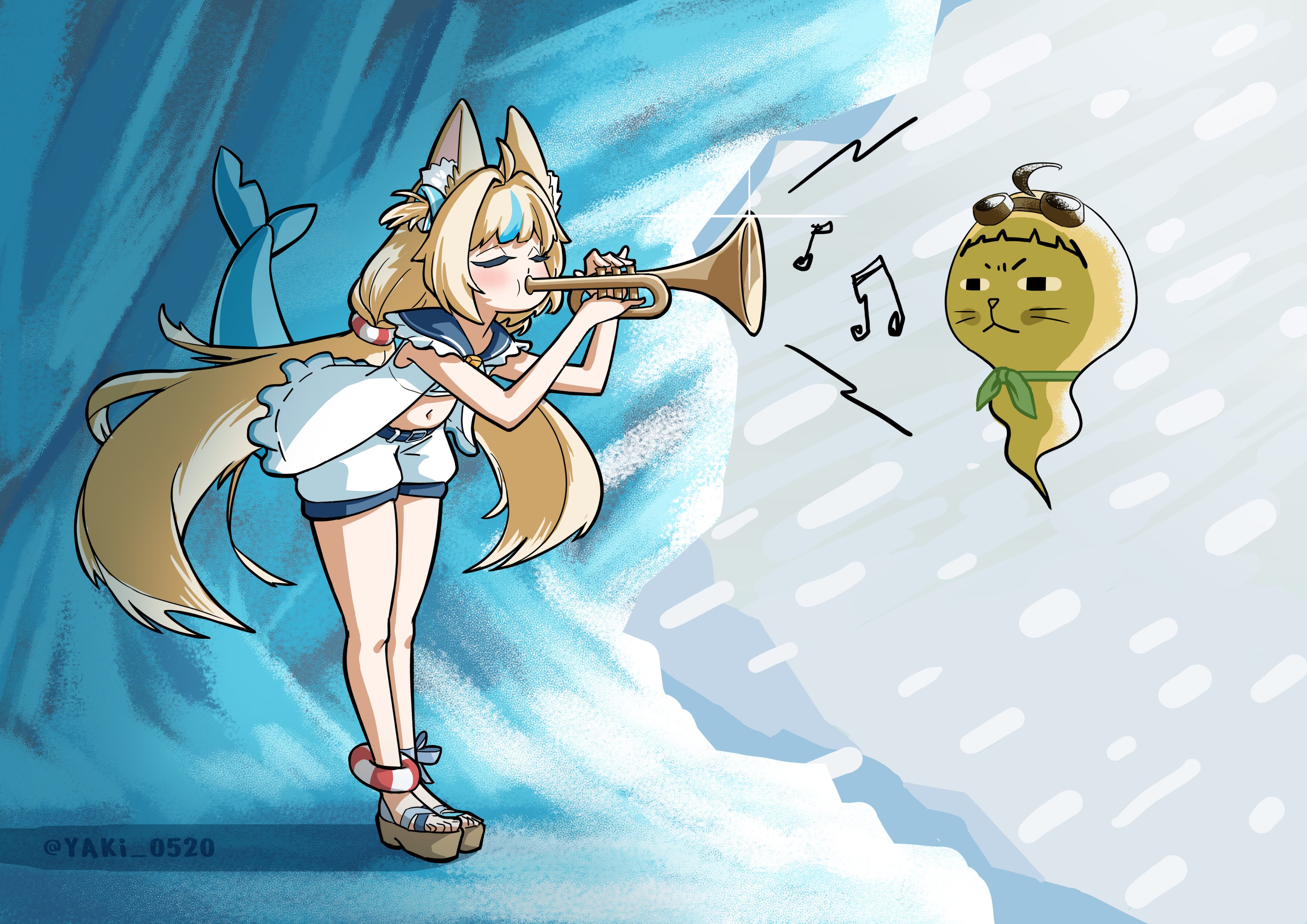 sameko saba, indie virtual youtuber, absurdres, commentary, english commentary, highres, 1girl, animal ear fluff, animal ears, blonde hair, blush, brown sandals, cat ears, closed eyes, dooby, fins, fish girl, fish tail, holding, holding instrument, holding trumpet, instrument, long hair, music, musical note, open clothes, open shirt, playing instrument, sandals, shirt, shorts, standing, tail, trumpet, very long hair, virtual youtuber, white shirt, white shorts, yaki 0520