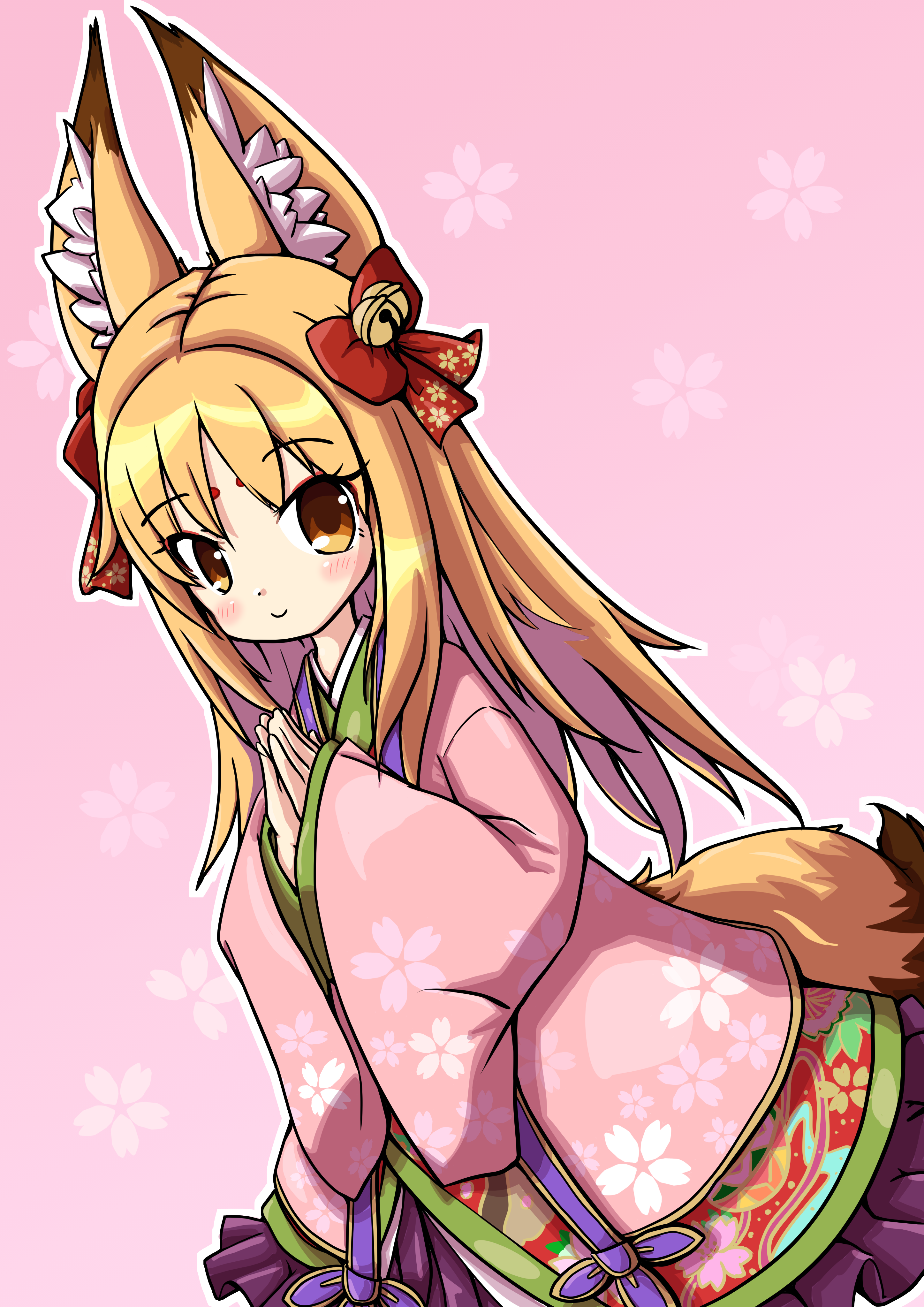 loki alma, emil chronicle online, absurdres, highres, 1girl, animal ears, bell, blonde hair, floral background, fox ears, fox girl, fox tail, frilled kimono, frills, frolyflow2, hair bell, hair ornament, hair ribbon, japanese clothes, kimono, long hair, looking at viewer, palms together, pink background, pink kimono, ribbon, solo, tail