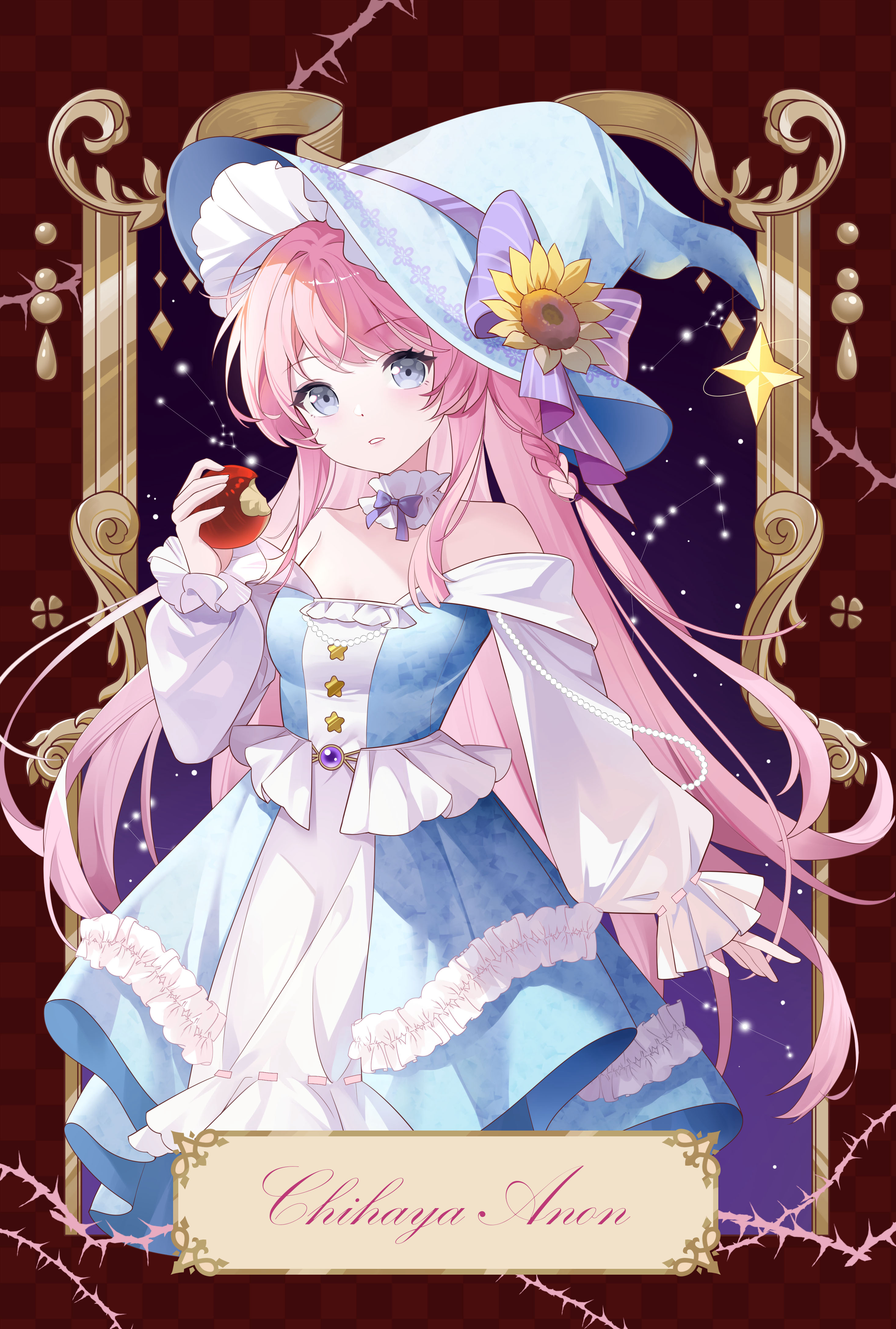 culijiangguocha, chihaya anon, bang dream!, bang dream! it's mygo!!!!!, absurdres, chinese commentary, commentary request, highres, 1girl, alternate costume, apple, bare shoulders, bitten apple, blue dress, blue hat, border, breasts, character name, cowboy shot, detached collar, dress, flower, food, food bite, frilled dress, frills, fruit, grey eyes, hat, hat flower, holding, holding food, holding fruit, long hair, long sleeves, looking at viewer, medium breasts, ornate border, picture frame, pink hair, red border, solo, standing, sunflower, witch, witch hat