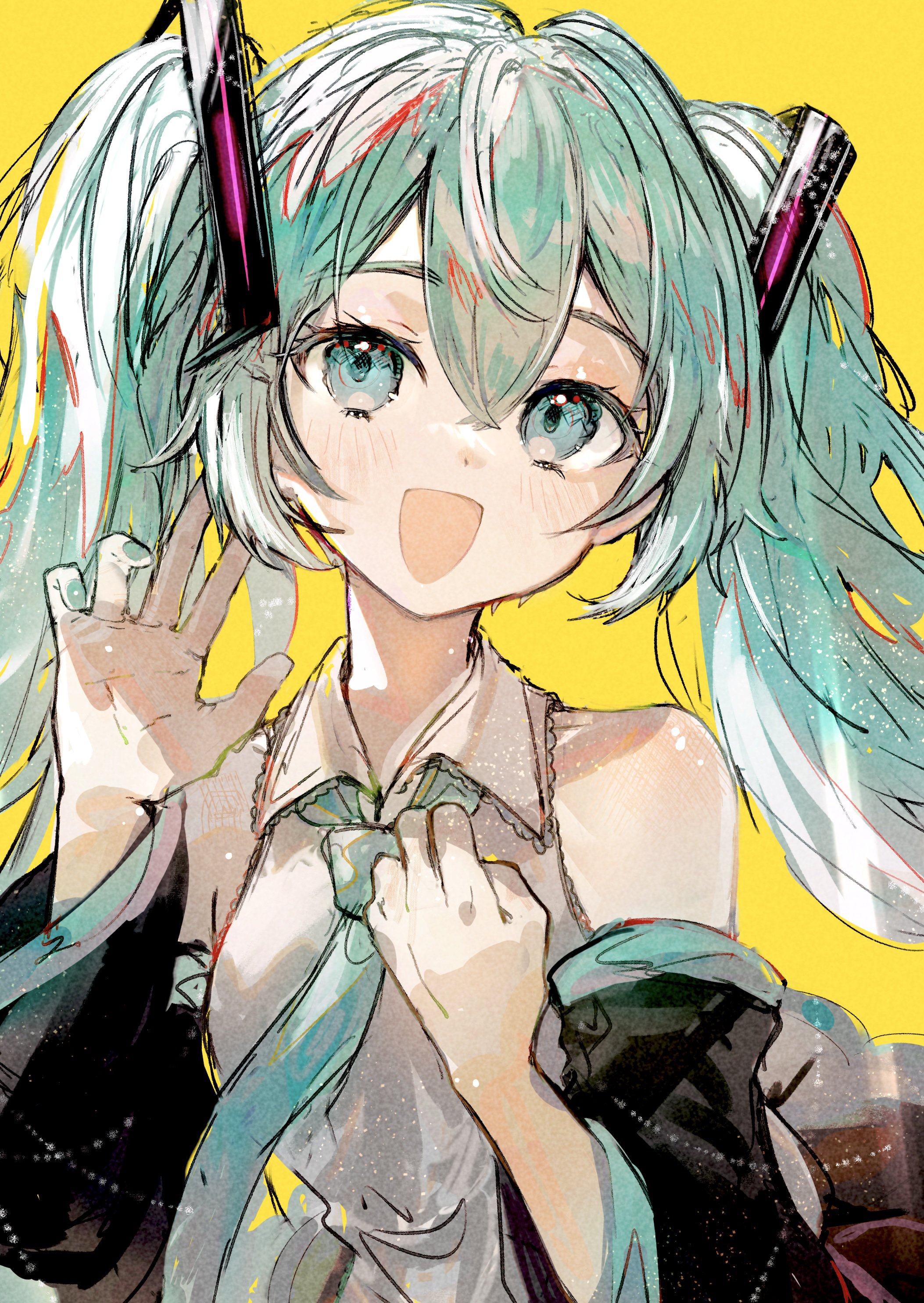 imamiya pinoko, hatsune miku, vocaloid, absurdres, highres, 1girl, :d, aqua hair, blue eyes, detached sleeves, long hair, nail polish, necktie, open mouth, simple background, sleeveless, smile, solo, twintails, upper body, yellow background