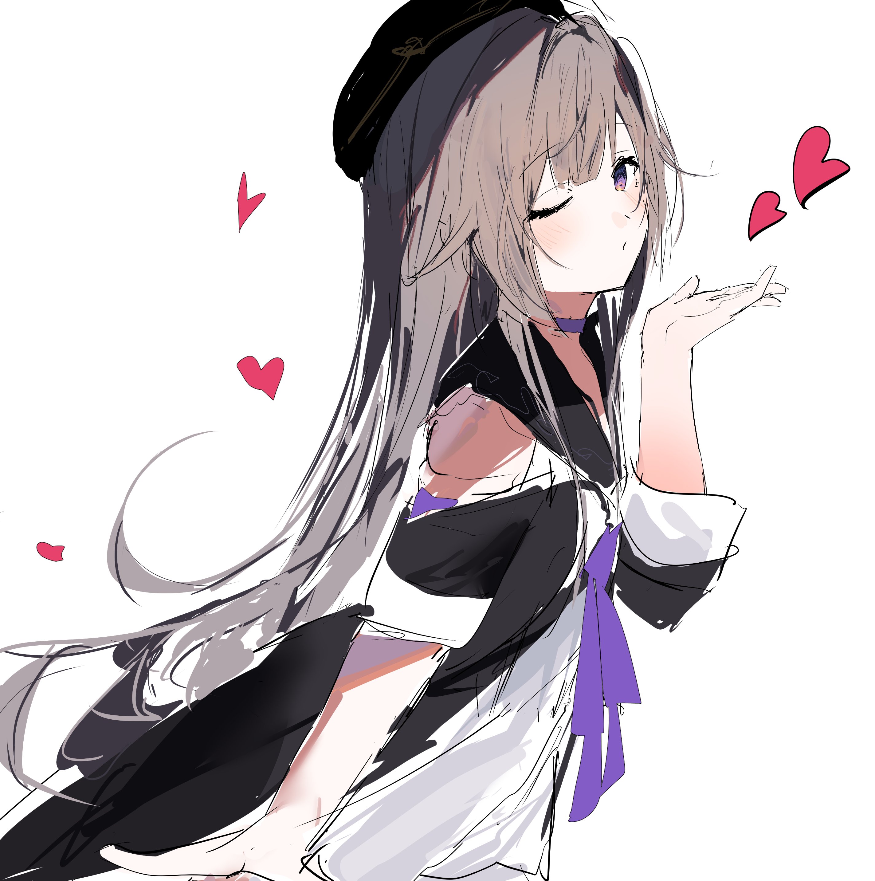 katata, herta (honkai: star rail), herta (puppet) (honkai: star rail), honkai: star rail, honkai (series), absurdres, highres, 1girl, blowing kiss, blush, brown hair, choker, cowboy shot, dress, from side, hand up, hat, heart, long hair, looking at viewer, one eye closed, pinafore dress, purple choker, purple eyes, simple background, sleeveless, sleeveless dress, solo, white background