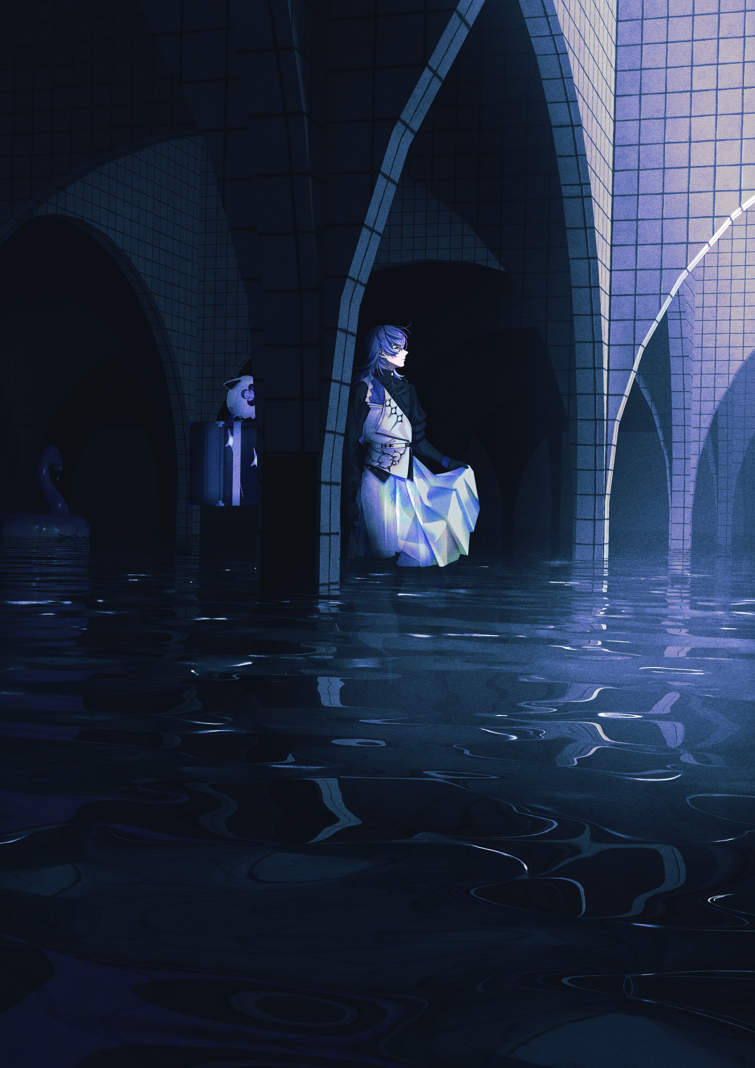 hoshirube sho, hoshirube sho (1st costume), otomo (hoshirube sho), nijisanji, absurdres, highres, 1girl, 404 4628, blue eyes, blue hair, dress, jacket, liminal space, long hair, long sleeves, reflection, ripples, skirt, skirt hold, solo, standing, wading, water, white dress, wide shot