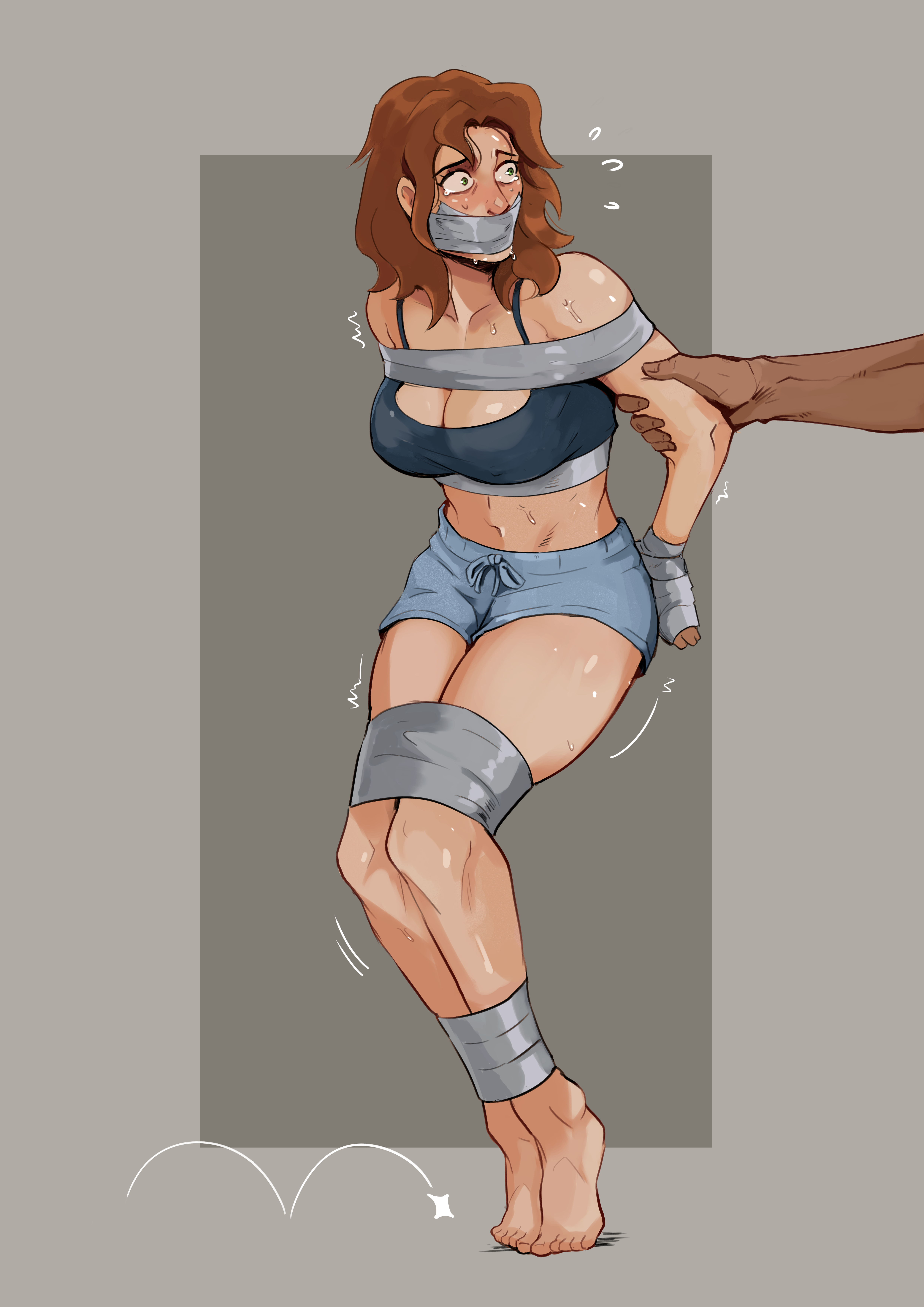 deckenz, original, absurdres, highres, arms behind back, bdsm, belly, bondage, bound, bound ankles, bound arms, bound legs, collarbone, crop top, gag, gagged, improvised gag, midriff, navel, sweat, tape, tape bondage, tape gag, taped arms, taped fingers, taped hands, taped legs
