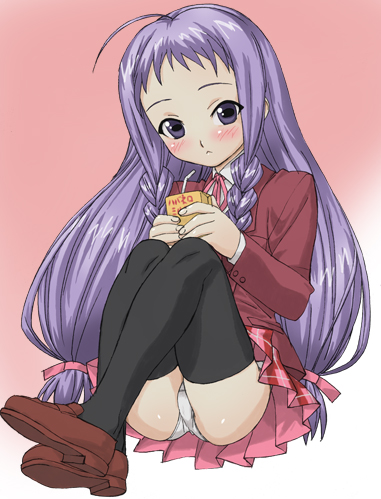 okiyumi kase, ayase yue, mahou sensei negima!, lowres, 00s, 1girl, :<, ahoge, black thighhighs, blush, braid, female focus, food, juice box, loli, long hair, panties, pantyshot, plaid clothes, plaid skirt, plait, purple eyes, purple hair, quad tails, school uniform, serafuku, sitting, skirt, solo, thighhighs, twin braids, underwear, white panties