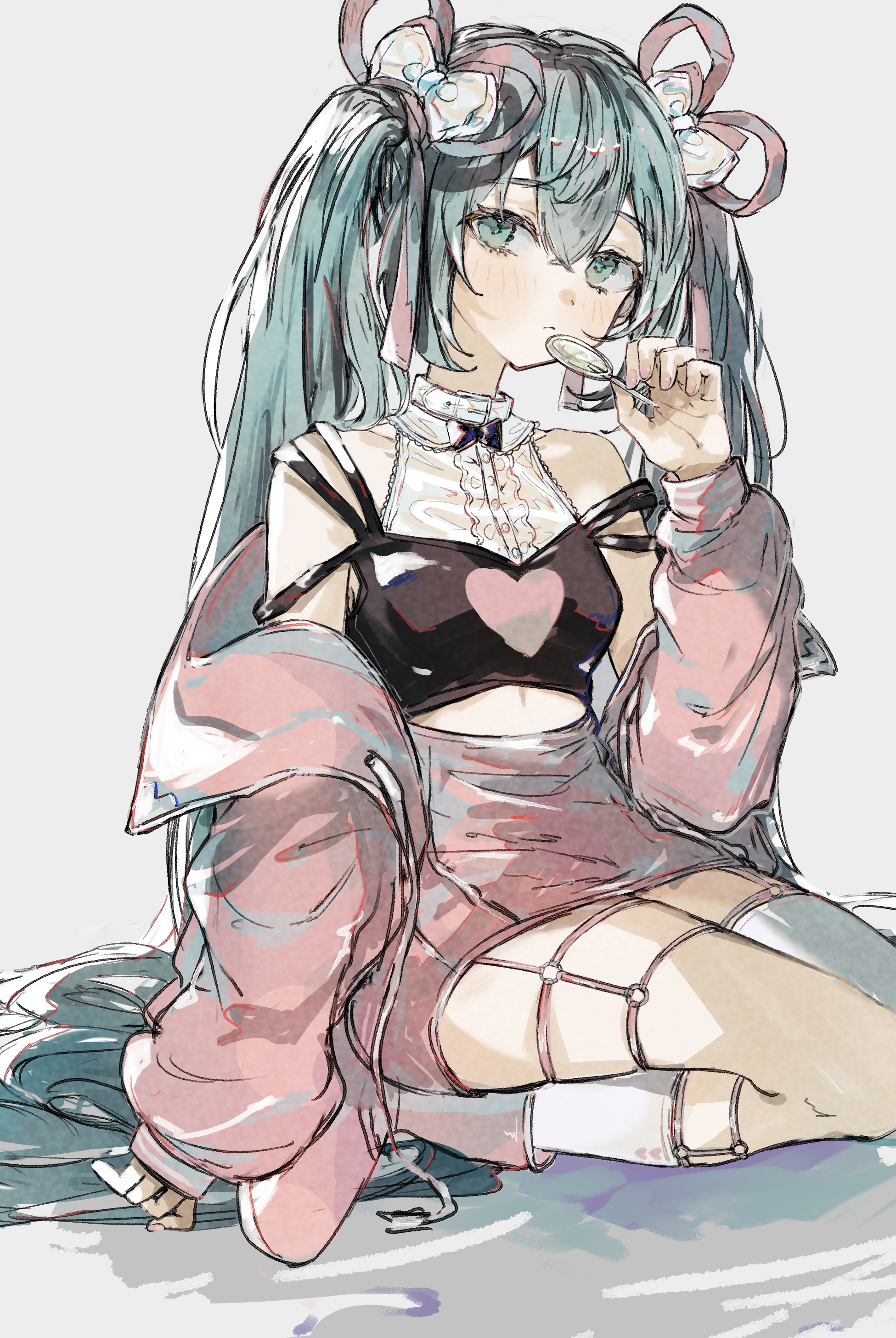 imamiya pinoko, hatsune miku, vocaloid, absurdres, highres, 1girl, aqua eyes, blue hair, candy, food, holding, holding candy, holding food, holding lollipop, jirai kei, lollipop, long hair, simple background, sitting, sleeveless, solo, twintails, very long hair, wariza