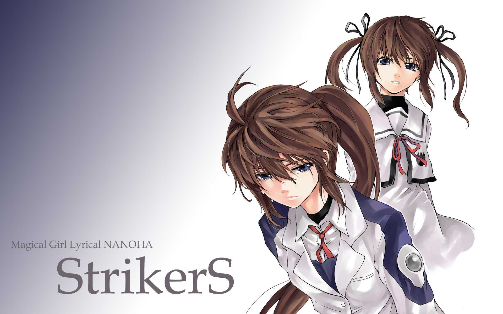 raid slash, takamachi nanoha, lyrical nanoha, mahou shoujo lyrical nanoha, mahou shoujo lyrical nanoha strikers, highres, 00s, 1girl, copyright name, dual persona, military, military uniform, multiple views, school uniform, serafuku, side ponytail, time paradox, twintails