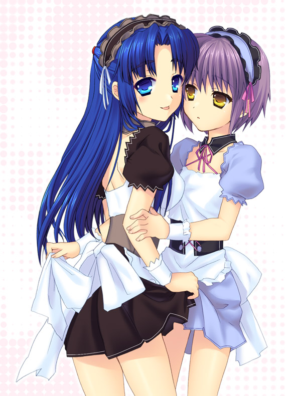 fuyuichi, asakura ryoko, nagato yuki, suzumiya haruhi no yuuutsu, 00s, 2girls, blue eyes, blue hair, flat chest, hairband, lolita hairband, long hair, maid, multiple girls, purple hair, short hair, waitress, yellow eyes, yuri