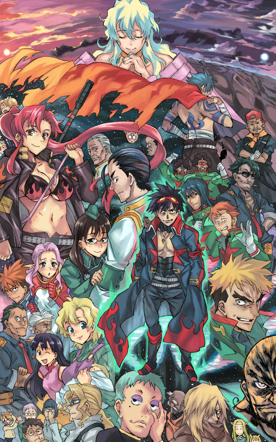kno1, attenborough cortitch, boota (ttgl), darry adai, gimmy adai, gurren-lagann, kamina (ttgl), kinon bachika, kittan bachika, kiyal bachika, kiyoh bachika, leeron littner, leite jokin, nia teppelin, rossiu adai, simon (ttgl), viral (ttgl), yoko littner, tengen toppa gurren lagann, bad id, bad pixiv id, highres, 00s, 6+boys, 6+girls, everyone, manly, multiple boys, multiple girls