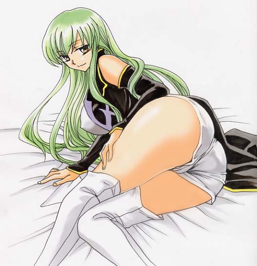 sakiran densha, c.c., code geass, 00s, 1girl, ass, bed, boots, breasts, female focus, green hair, long hair, solo, thigh boots, thighhighs, yellow eyes