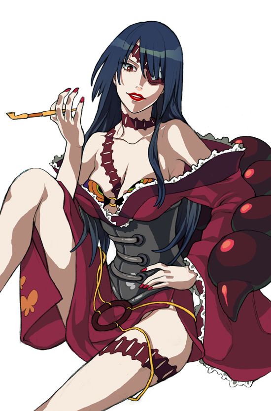 takase (harakiri), adiane, tengen toppa gurren lagann, bad id, bad pixiv id, 00s, 1girl, bare shoulders, bikini, bikini top only, blue hair, breasts, cleavage, corset, dress, eyepatch, female focus, kiseru, lipstick, long hair, makeup, red eyes, scorpion tail, smoking pipe, solo, swimsuit, tail, tattoo