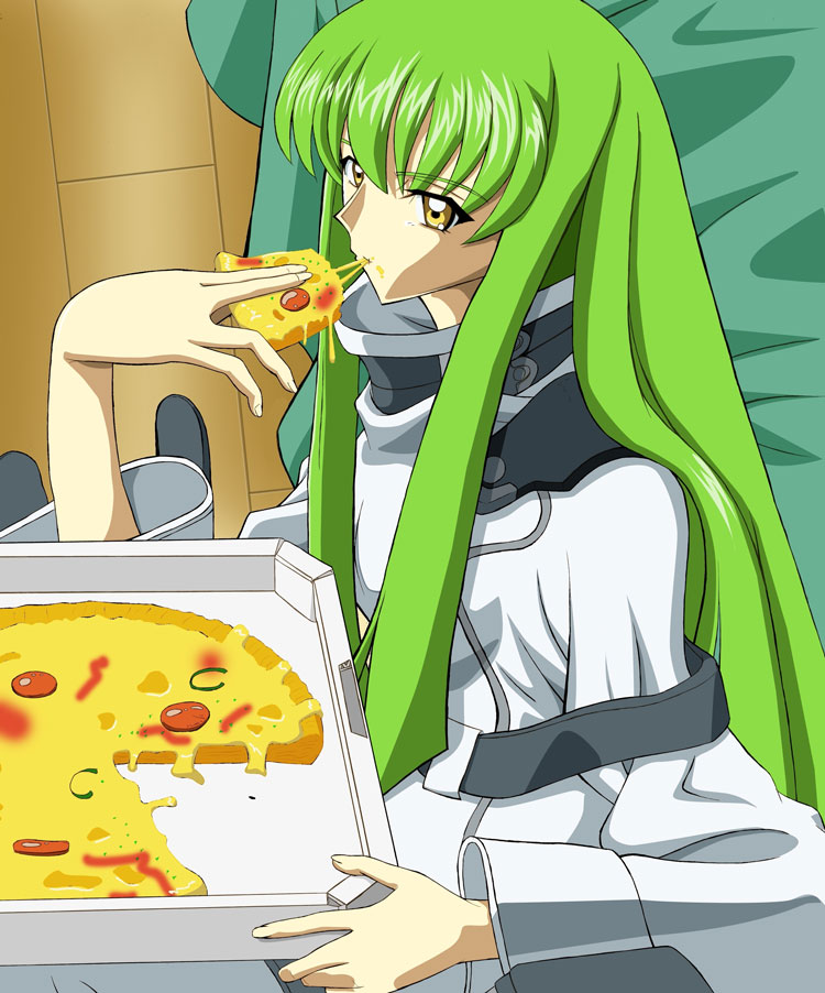 okan, c.c., code geass, 00s, 1girl, cheese, cheese trail, eating, female focus, food, green hair, long hair, pizza, pizza box, pizza slice, solo, very long hair, yellow eyes