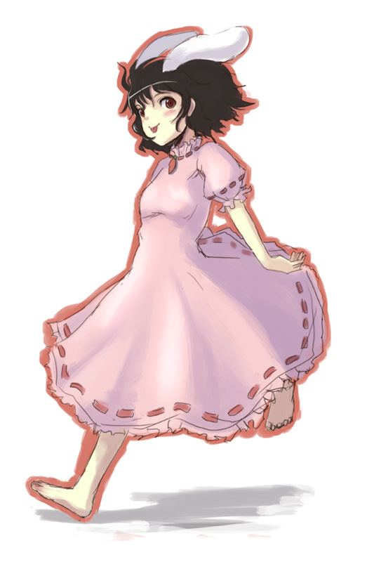 hyuuga azuri, inaba tewi, touhou, 1girl, :p, animal ears, barefoot, black hair, feet, female focus, rabbit ears, running, short hair, solo, tongue, tongue out, white background