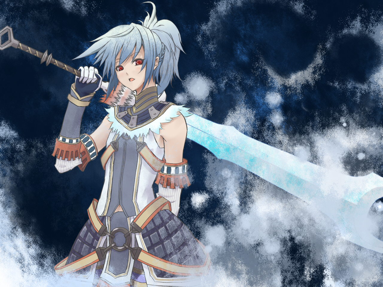 vane (artist), vane (vane0), capcom, monster hunter (series), bad id, bad pixiv id, 1boy, androgynous, blango (armor), blue hair, detached sleeves, male focus, red eyes, solo, sword, trap, weapon