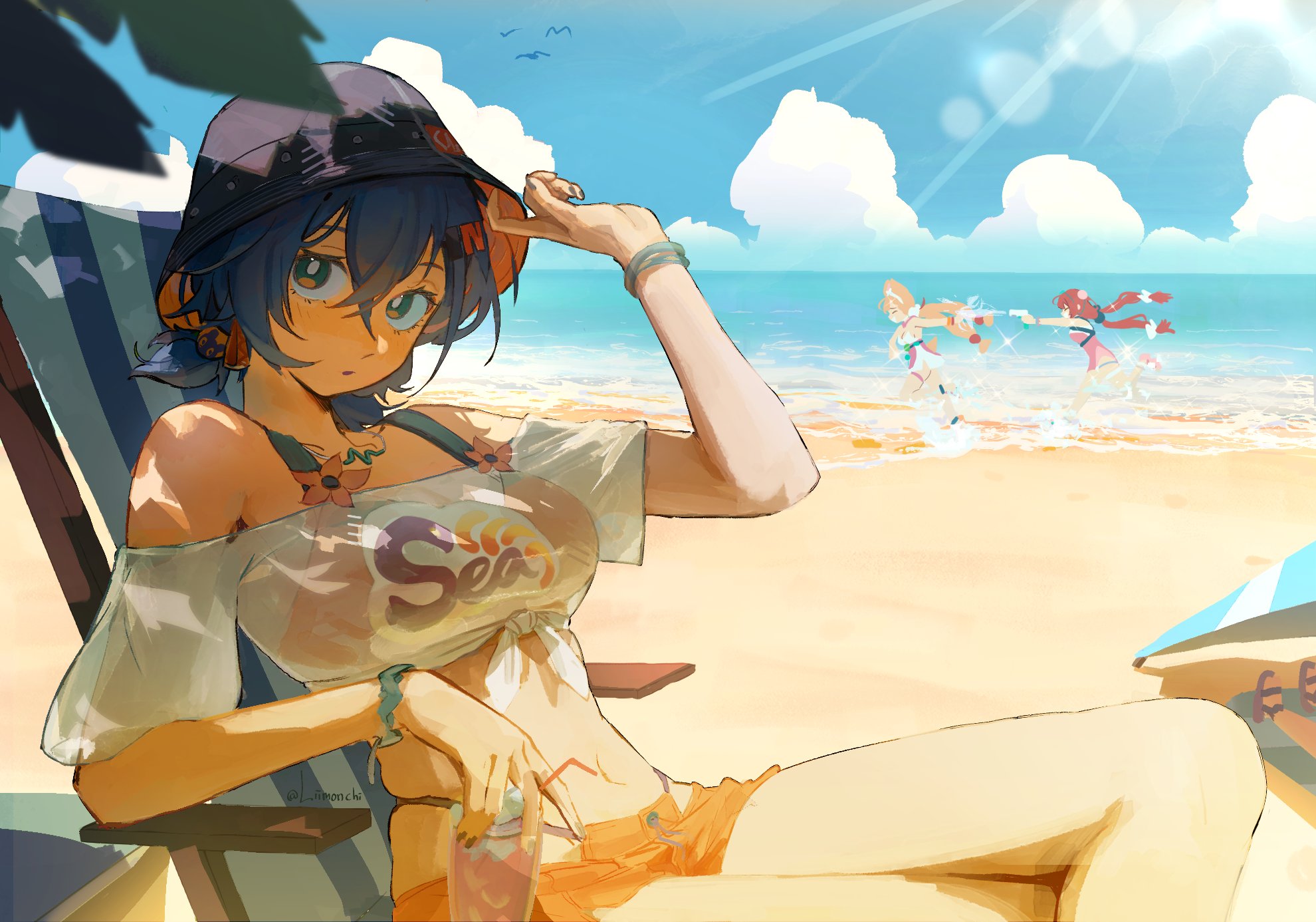 liimonchi, alice thymefield, alice thymefield (sea of thyme), belle (summer skies) (zenless zone zero), belle (zenless zone zero), ukinami yuzuha, ukinami yuzuha (tanuki in broad daylight), zenless zone zero, highres, adjusting clothes, adjusting headwear, beach, beach chair, bikini, bird, blue hair, blue sky, bright pupils, bucket hat, cloud, crossed bangs, crossed legs, green eyes, hair between eyes, hat, looking at viewer, ocean, orange bikini, orange shorts, outdoors, panty straps, ponytail, running, see-through clothes, see-through shirt, shirt, short ponytail, shorts, sitting, sky, solo focus, sparkle, strapless, swimsuit, tube top, twitter username, water, water gun, white pupils, white tube top