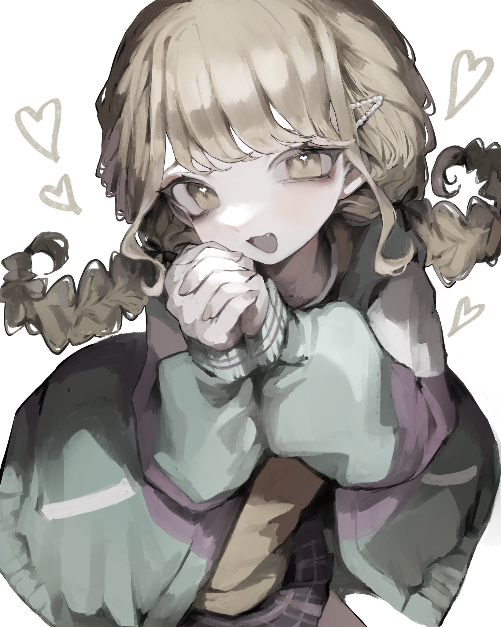 manuka x x, fujita kotone, gakuen idolmaster, idolmaster, highres, 1girl, blonde hair, braid, fang, green jacket, hair ornament, heart, jacket, long hair, long sleeves, looking at viewer, open clothes, open jacket, open mouth, own hands clasped, own hands together, plaid clothes, plaid skirt, pointy ears, simple background, skirt, smile, twin braids, white background, yellow eyes