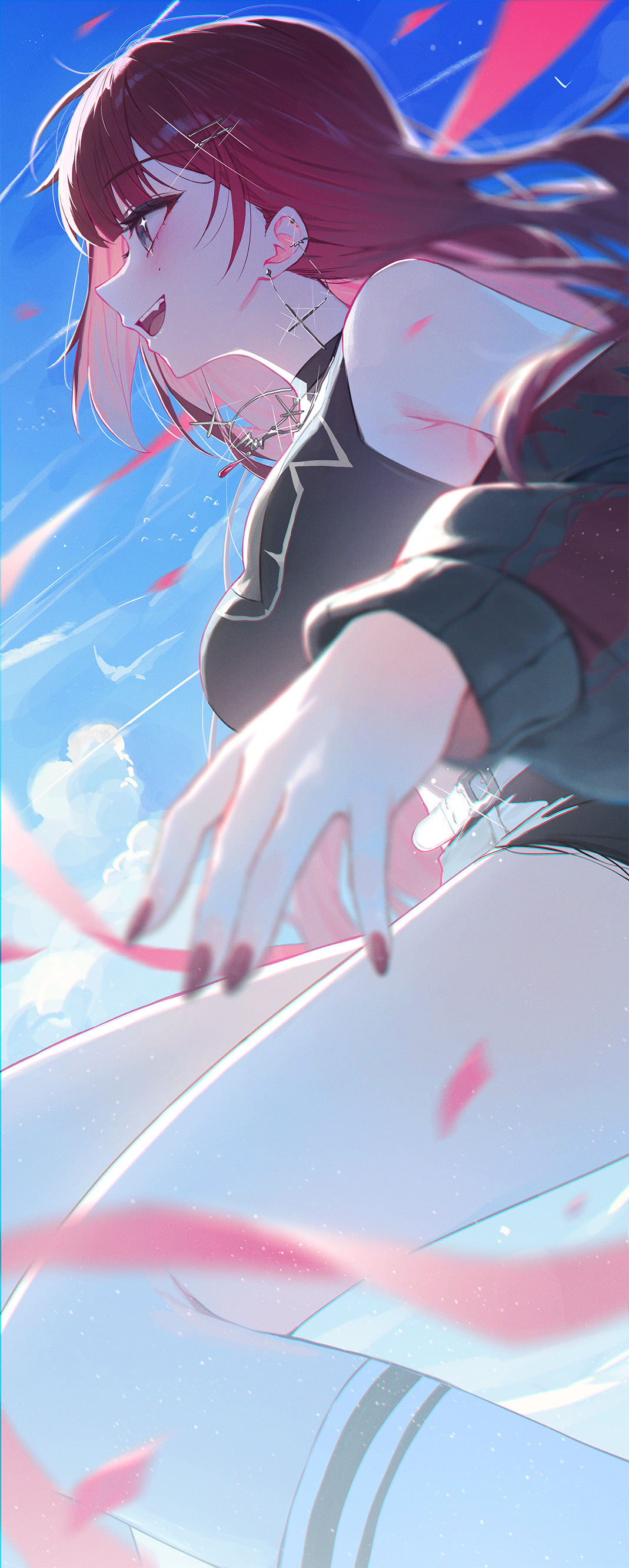 huhi (huhi 1211), akane lize, stellive, absurdres, highres, 1girl, bare shoulders, belt, black shirt, blue sky, cloud, earrings, fang, grey eyes, jacket, jewelry, kneehighs, long hair, long sleeves, looking to the side, mole, mole under eye, necklace, open clothes, open jacket, open mouth, outdoors, red hair, red nails, shirt, sky, smile, socks, solo, teeth, upper teeth only, virtual youtuber, white socks