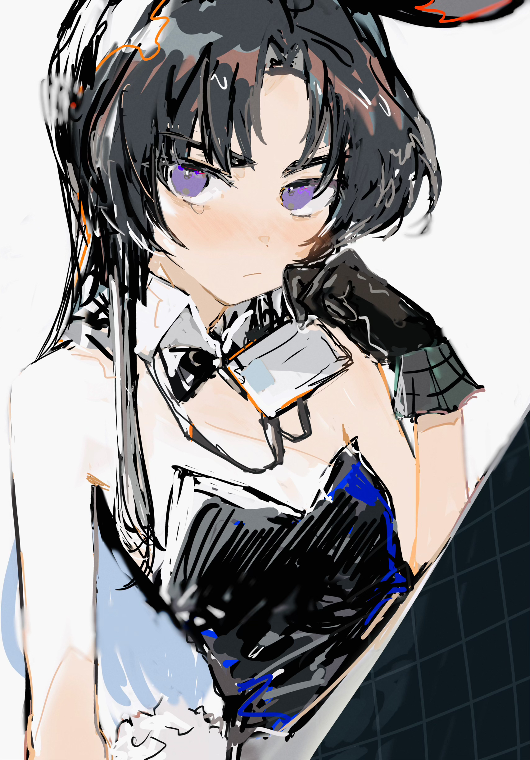 imamiya pinoko, original, absurdres, highres, 1boy, ayase ayato (imamiya pinoko), black hair, crossdressing, crossdressing (mtf), gloves, holding, holding id card, id card, long hair, male playboy bunny, purple eyes, solo, trap, white background