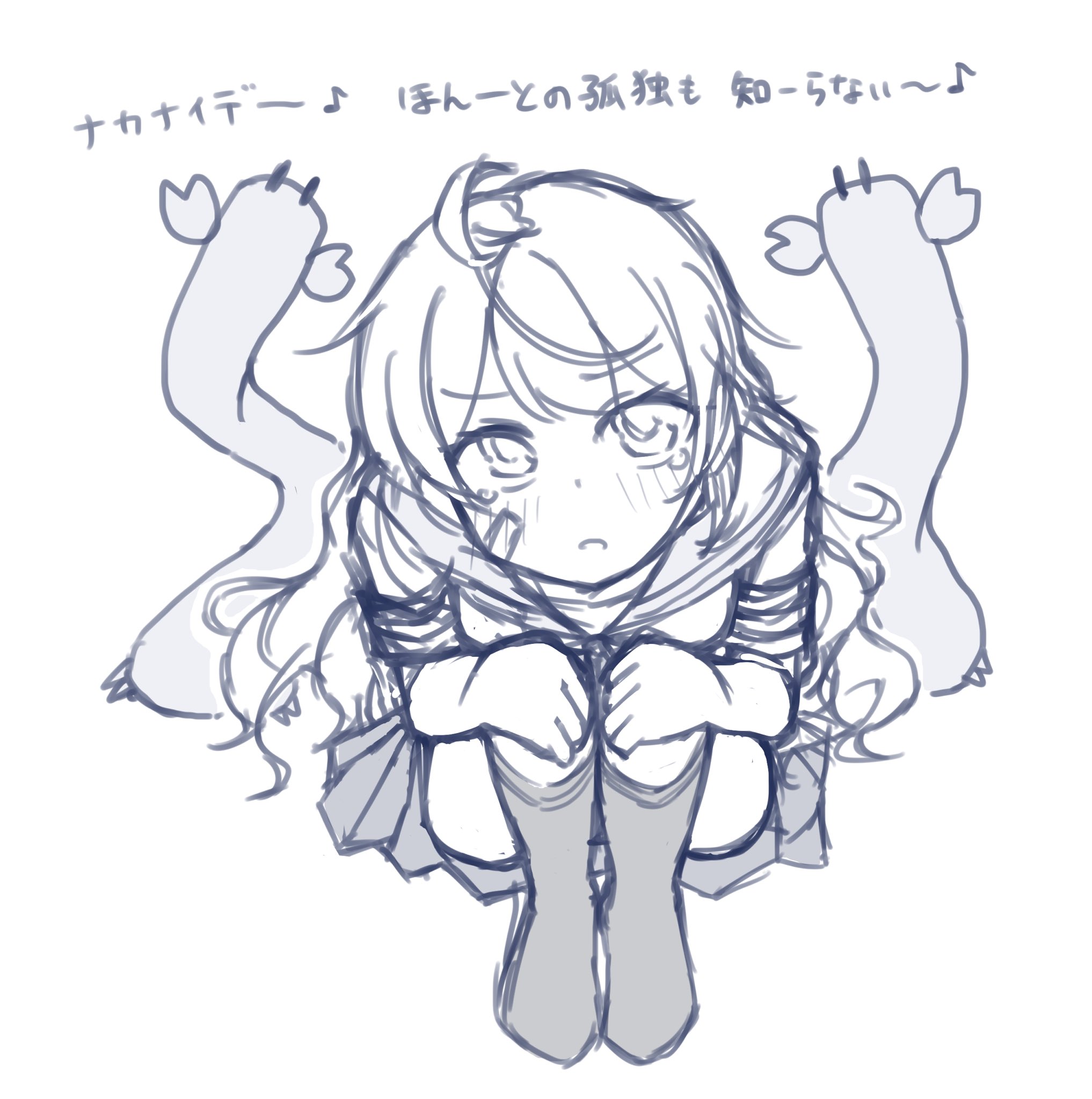 tatahai, oboro (kancolle), kantai collection, commentary request, highres, translation request, 1girl, ahoge, alternate hair length, alternate hairstyle, bandaid, bandaid on face, crab, from above, lineart, long hair, looking at viewer, monochrome, pleated skirt, sailor collar, sailor shirt, school uniform, serafuku, shirt, sitting, skirt, socks