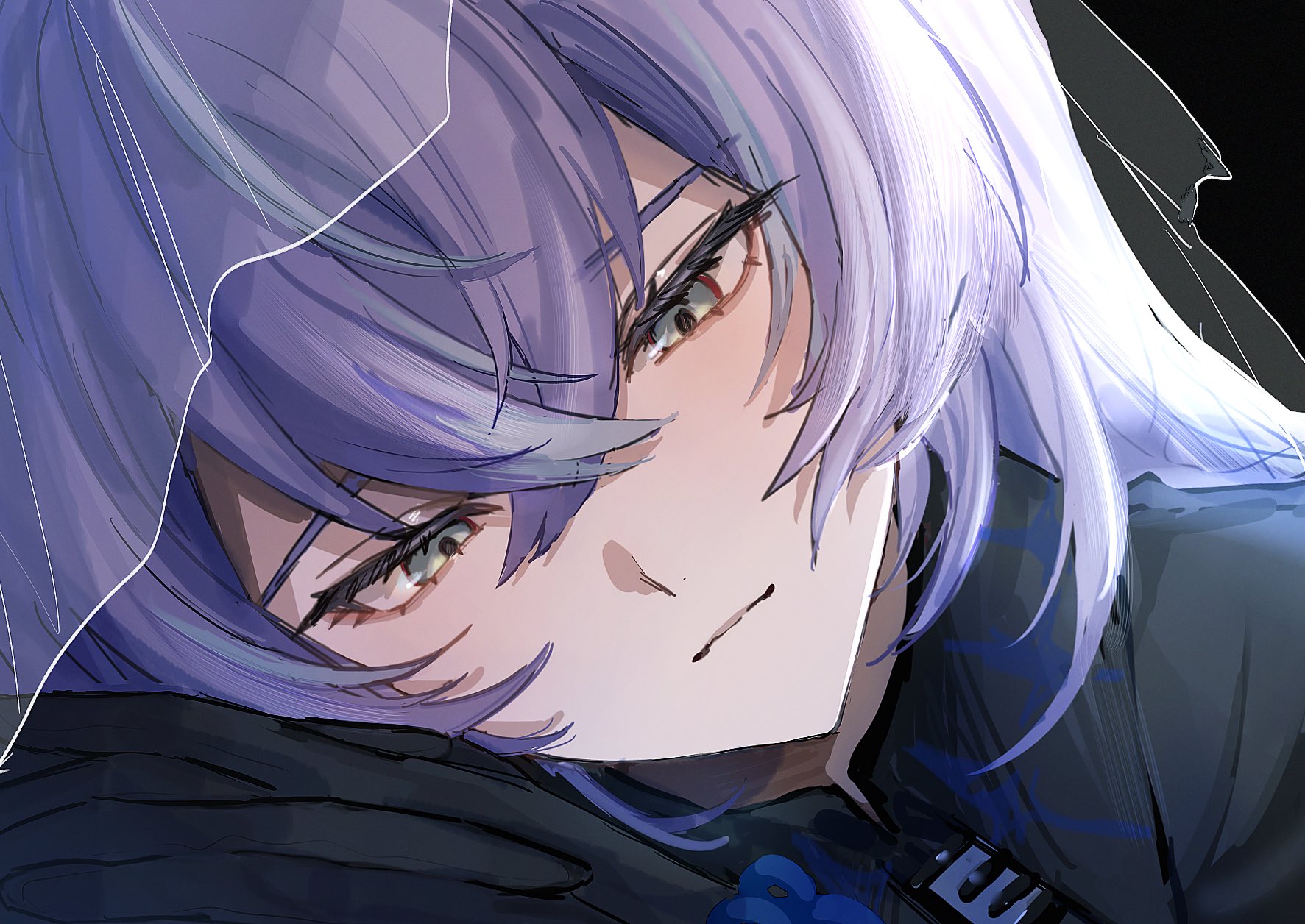 hoshirube sho, hoshirube sho (1st costume), nijisanji, highres, 1boy, black background, black gloves, closed mouth, crossed bangs, expressionless, gloves, grey eyes, grey hair, hair between eyes, long hair, male focus, portrait, purple hair, simple background, solo, veil, zzzrle