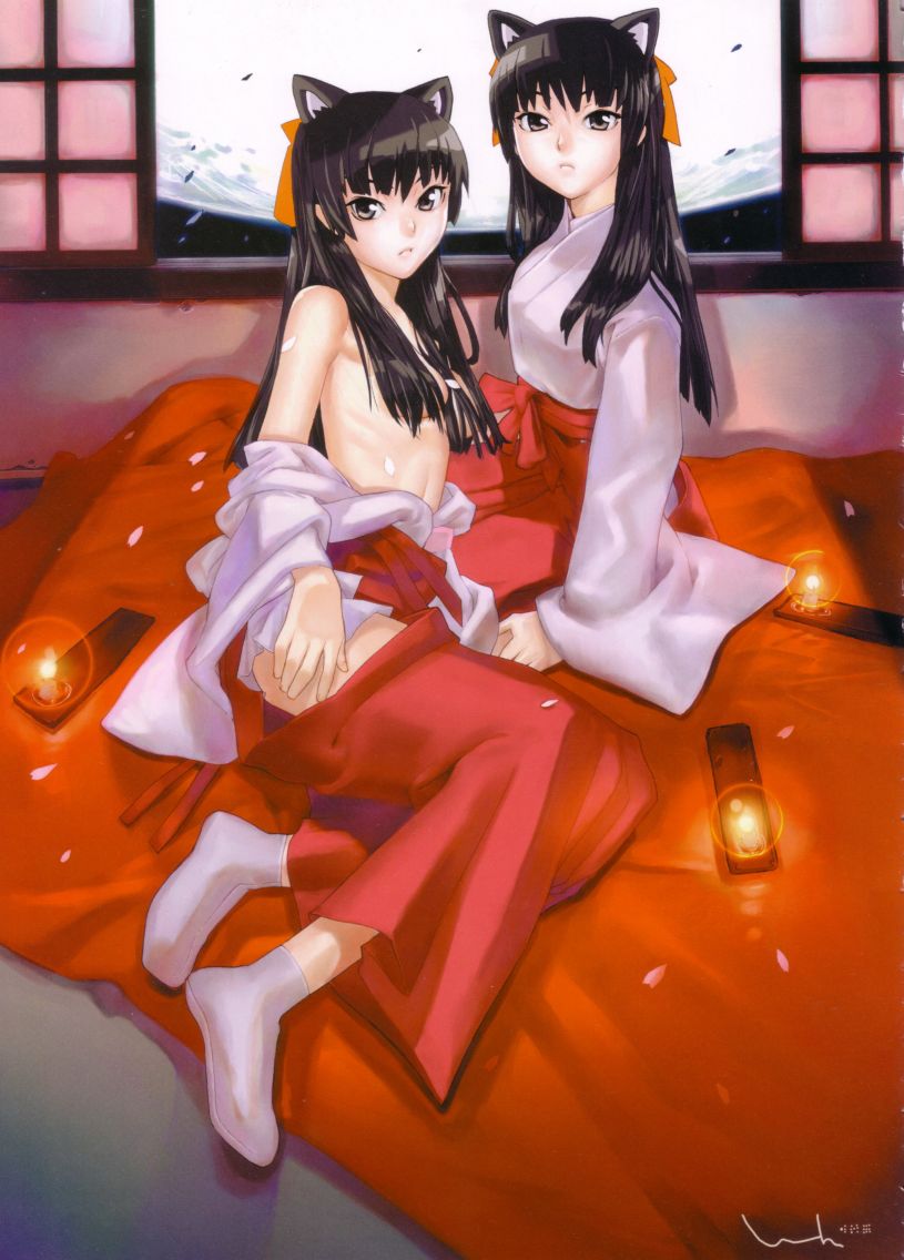 hakua ugetsu, 2girls, animal ears, bare shoulders, black hair, candle, censored, convenient censoring, grey eyes, hair over breasts, hakama, hakama skirt, japanese clothes, kimono, lying, miko, multiple girls, off shoulder, red hakama, siblings, sisters, skirt, socks, tabi, topless female, twins, undressing