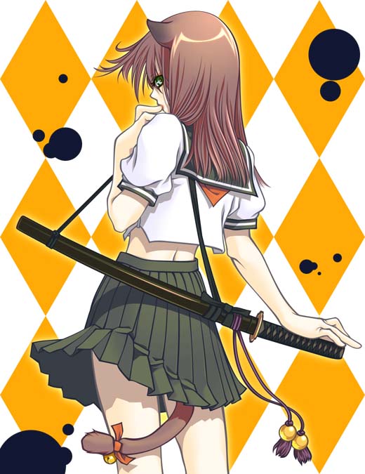 animal ears, back, bell, katana, school uniform, serafuku, sword, tail, tail bell, tail ornament, weapon