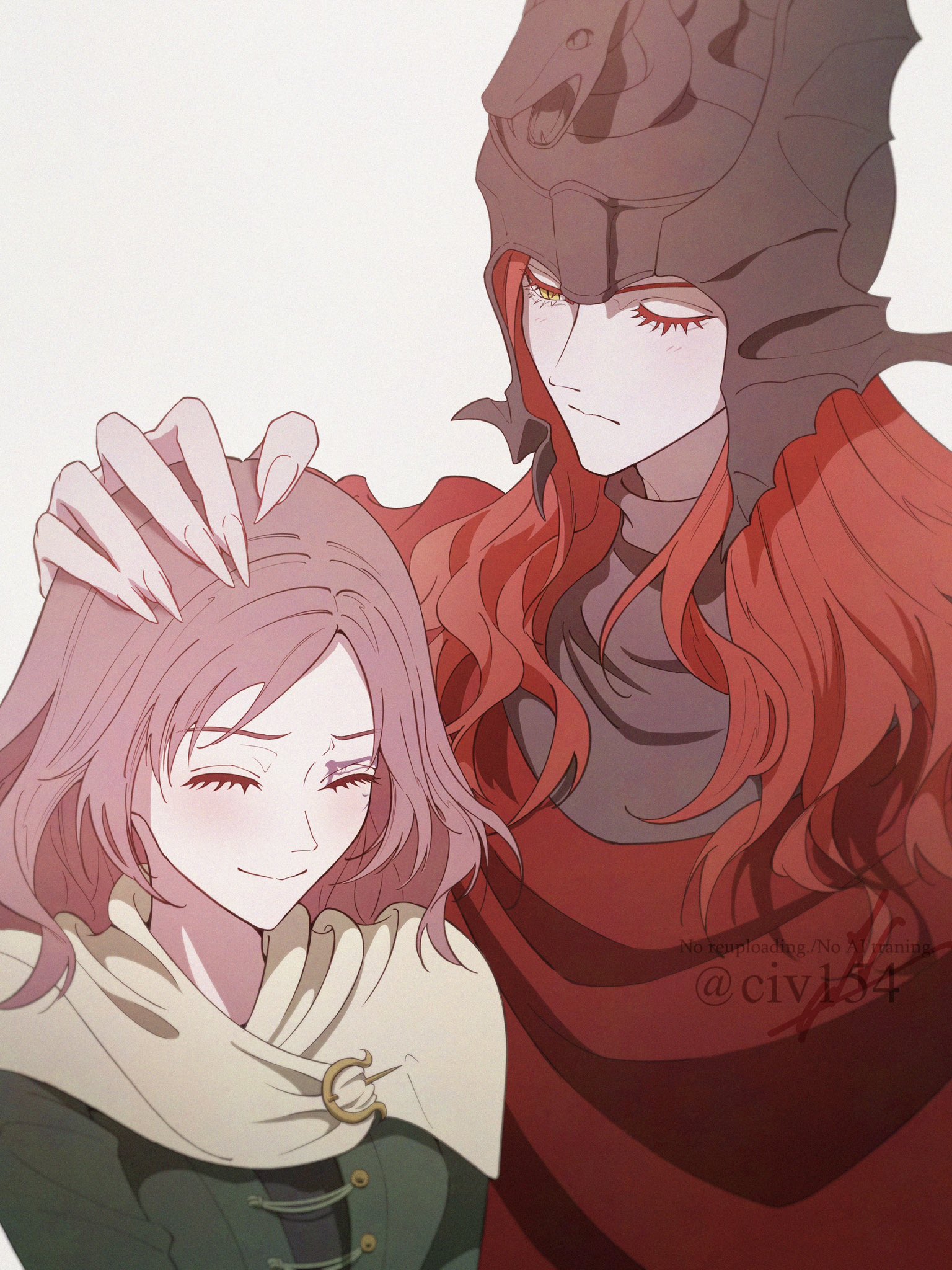 civ154, melina (elden ring), messmer the impaler, elden ring, elden ring: shadow of the erdtree, highres, 1boy, 1girl, ^ ^, brother and sister, capelet, cloak, closed eyes, closed mouth, fingernails, green jacket, hand on another's head, helmet, jacket, long hair, medium hair, red cloak, red hair, sharp fingernails, siblings, simple background, smile, twitter username, white background, white capelet, yellow eyes