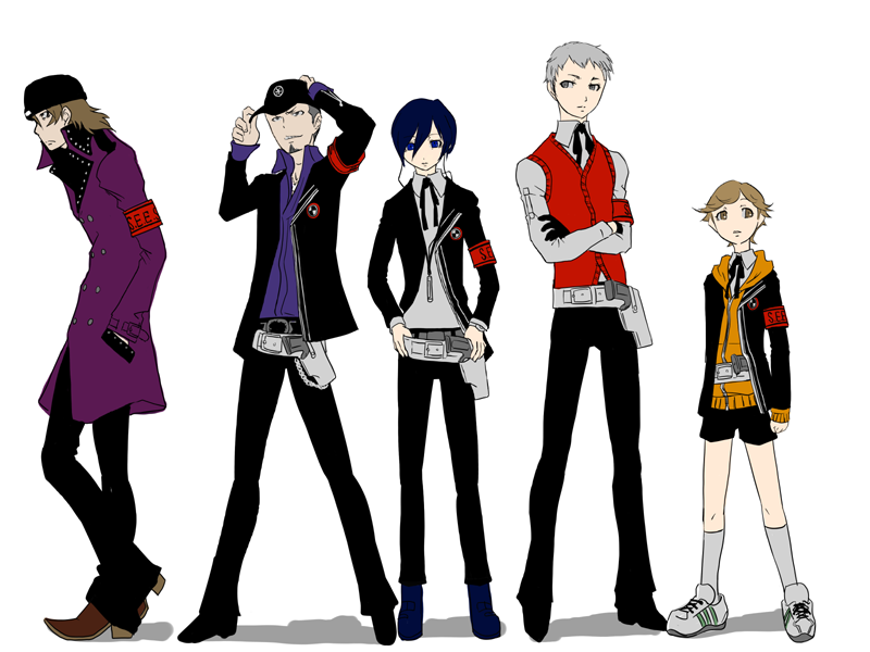 indee, amada ken, aragaki shinjirou, iori junpei, sanada akihiko, yuuki makoto (persona 3), atlus, persona, persona 3, 5boys, holster, male focus, multiple boys