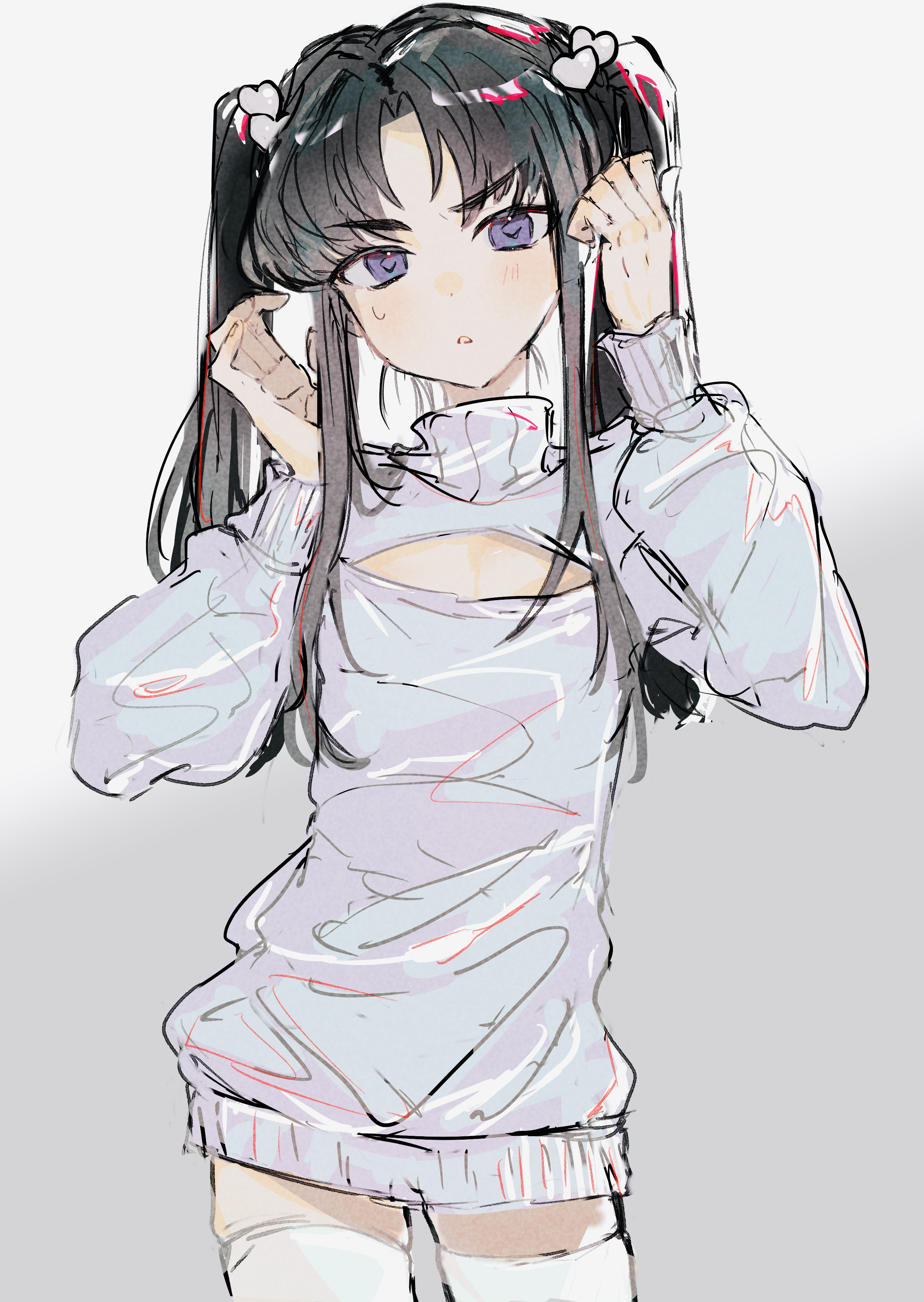 imamiya pinoko, original, absurdres, highres, 1boy, ayase ayato (imamiya pinoko), black hair, cleavage cutout, clothing cutout, crossdressing, crossdressing (mtf), hands up, head tilt, long hair, long sleeves, looking at viewer, male focus, purple eyes, sidelocks, simple background, solo, standing, sweater, thick eyebrows, thighhighs, trap, twintails, white background, white sweater, white thighhighs
