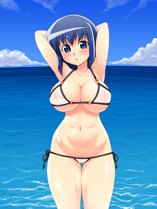 elf k, kokubunji koyori, nurse witch komugi-chan, 00s, 1girl, armpits, bikini, blue eyes, blue hair, blush, breasts, day, female focus, hip focus, huge breasts, large breasts, lowleg, lowleg bikini, matching hair/eyes, ocean, short hair, side-tie bikini bottom, solo, swimsuit, uncensored, white bikini, wide hips