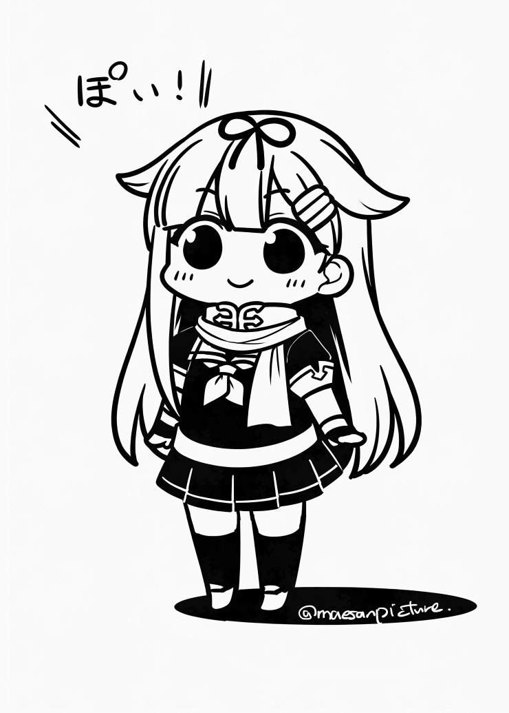 mae (maesanpicture), yuudachi (kancolle), yuudachi kai ni (kancolle), kantai collection, 1girl, black serafuku, chibi, fingerless gloves, full body, gloves, hair flaps, hair ornament, hairclip, long hair, monochrome, neckerchief, pleated skirt, poi, sailor collar, scarf, school uniform, serafuku, skirt, smile, solo, standing