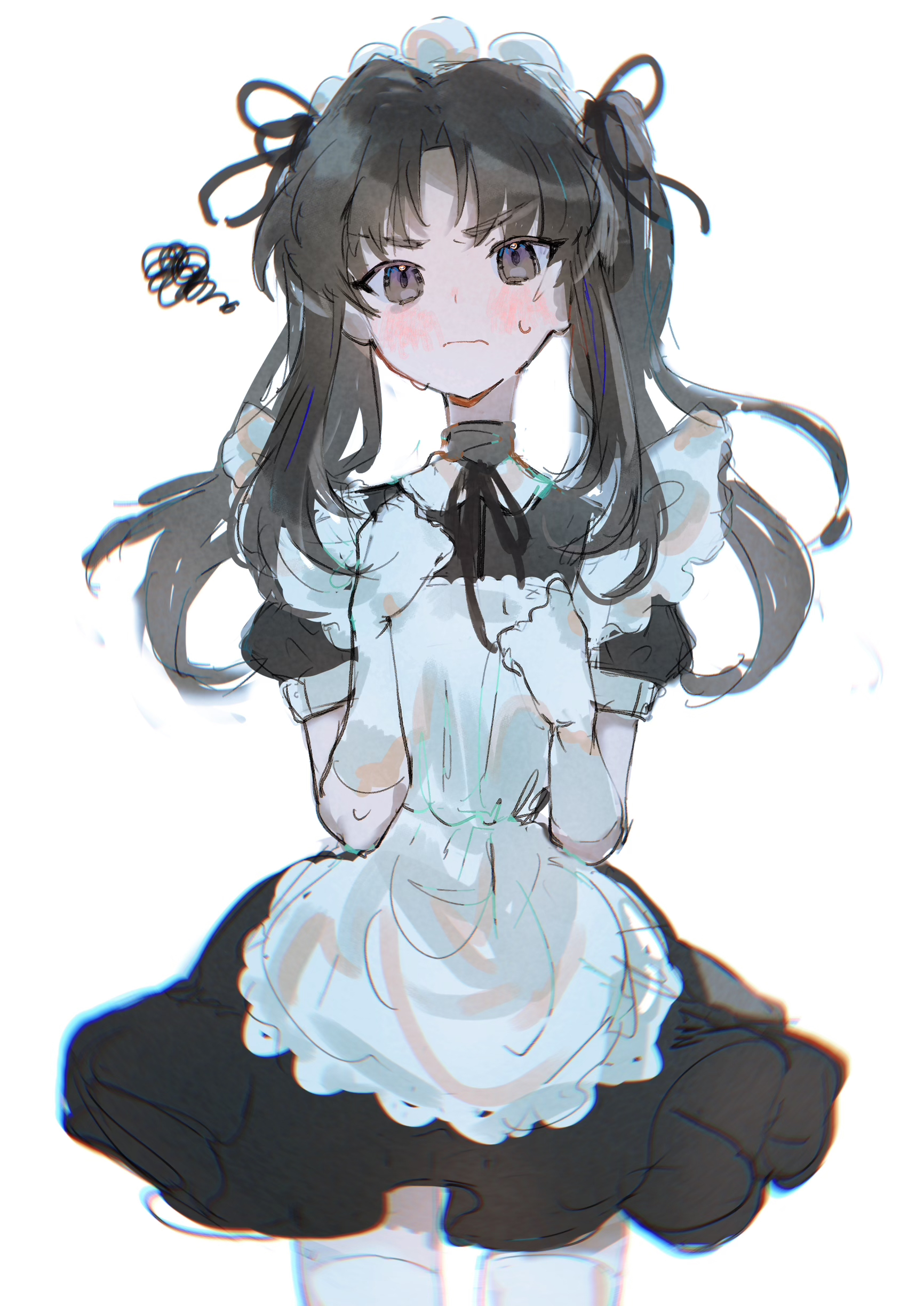 imamiya pinoko, original, absurdres, highres, 1boy, ayase ayato (imamiya pinoko), black eyes, black hair, crossdressing, crossdressing (mtf), elbow gloves, gloves, long hair, maid, maid headdress, male maid, solo, squiggle, sweat, thighhighs, trap, twintails, white background, white gloves, white thighhighs