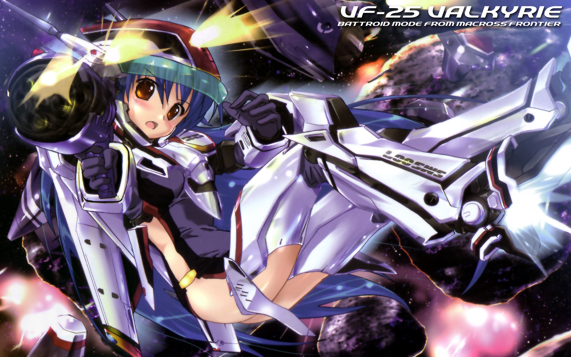 komatsu eiji, vf-25, macross, macross frontier, megami magazine deluxe, highres, scan, 00s, blue hair, brown eyes, mecha musume, poster (medium), solo
