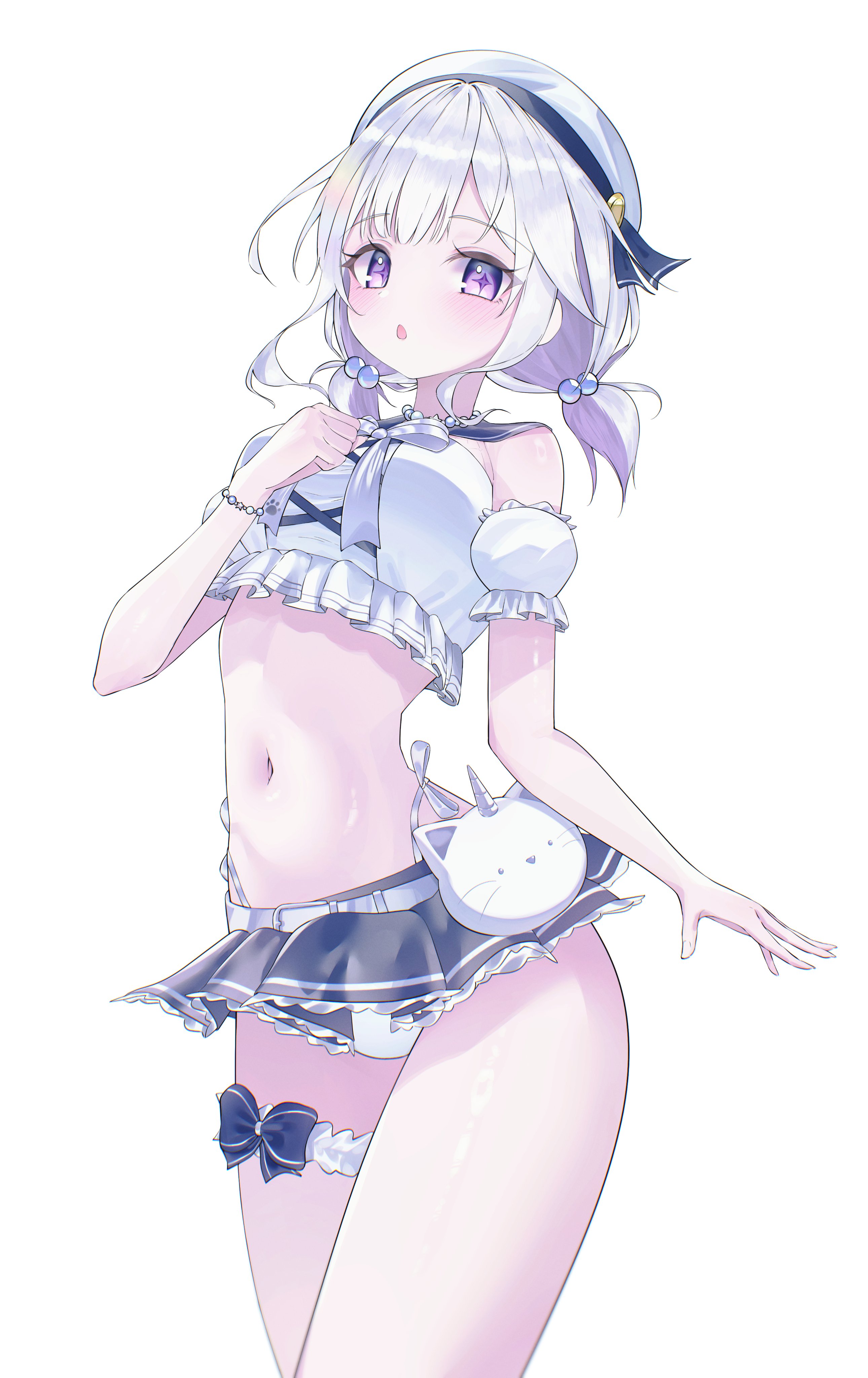 ayatsuno yuni, stellive, absurdres, commentary, highres, symbol-only commentary, 1girl, beret, bikini, bikini under clothes, blush, bow, bow bikini, bracelet, breasts, clenched hand, cowboy shot, frilled bikini, frills, grey bow, grey hair, grey skirt, hair bobbles, hair ornament, hand up, hat, highleg, highleg bikini, jewelry, kkilnyan, large breasts, looking at viewer, low twintails, medium hair, microskirt, navel, parted lips, purple eyes, sailor bikini, sailor collar, side-tie bikini bottom, simple background, skirt, solo, standing, star-shaped pupils, star (symbol), stomach, swimsuit, symbol-shaped pupils, thigh bow, thigh strap, twintails, virtual youtuber, white background, white bikini, white hat