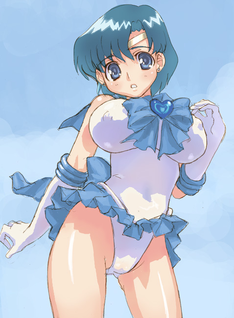 hirose (mokiki), mizuno ami, sailor mercury, super sailor mercury, bishoujo senshi sailor moon, 1990s (style), 1girl, blue bow, blue eyes, blue hair, blue sailor collar, blue skirt, blue theme, bow, breasts, brooch, covered erect nipples, female focus, gloves, heart, heart brooch, jewelry, large breasts, magical girl, matching hair/eyes, miniskirt, panties, pantyshot, retro artstyle, sailor collar, skirt, solo, underwear, upskirt, white gloves