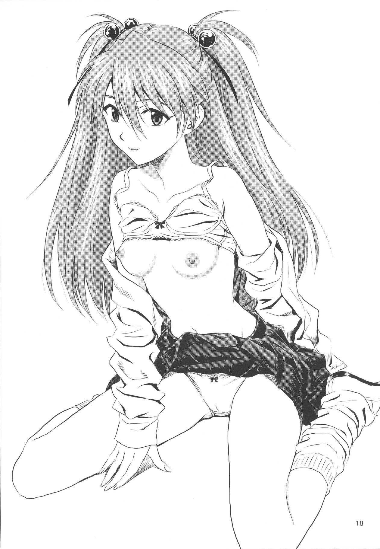 souryuu asuka langley, neon genesis evangelion, highres, 1girl, bra, bra lift, breasts, clothes lift, female focus, lingerie, monochrome, nipples, panties, school uniform, serafuku, sitting, skirt, skirt lift, socks, solo, spread legs, twintails, underwear, undressing, white background