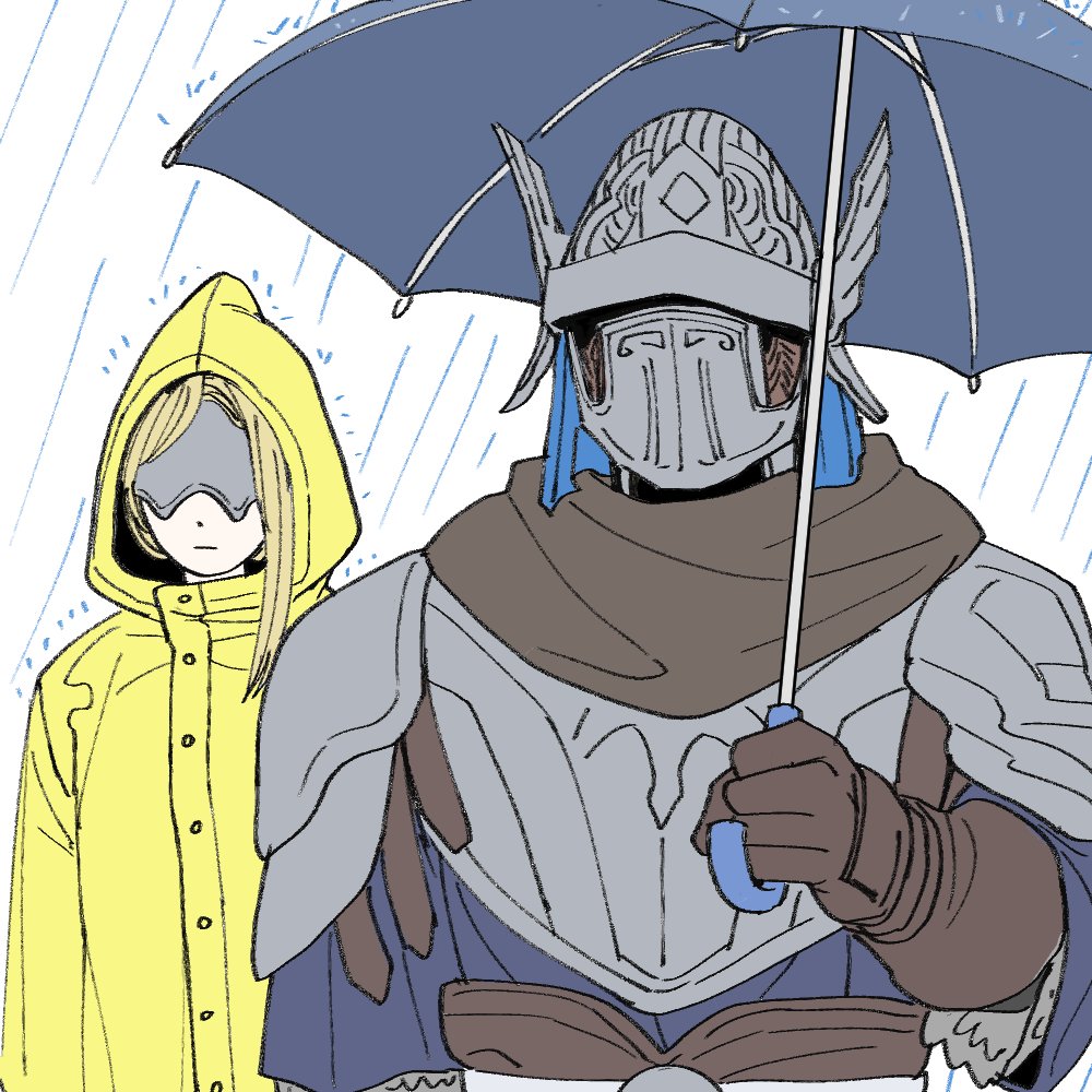 xxq 002, duchess (elden ring), wylder (elden ring), elden ring, elden ring nightreign, 1boy, 1girl, armor, black scarf, blonde hair, blue surcoat, breastplate, brother and sister, brown gloves, closed mouth, coat, covered eyes, eye mask, gloves, hand up, helmet, holding, holding umbrella, hood, hood up, pauldrons, rain, raincoat, scarf, short hair with long locks, shoulder armor, siblings, umbrella, upper body, white background, winged helmet, yellow coat