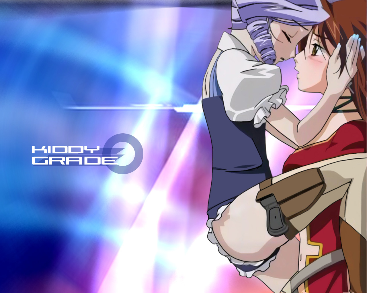eclair (kiddy grade), lumiere (kiddy grade), kiddy grade, 00s, 2girls, age difference, holster, leotard, loli, multiple girls, onee-loli, thigh holster, thighhighs, yuri