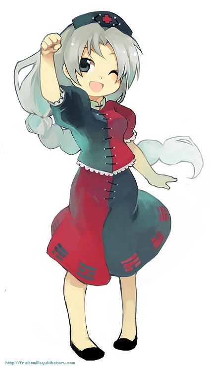 kenko, yagokoro eirin, touhou, bad id, bad pixiv id, 1girl, female focus, hat, nurse cap, one eye closed, solo, trigram, white hair, wink