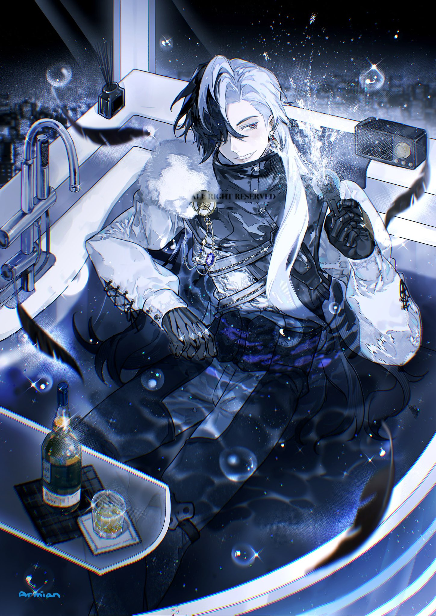 armian, boothill (honkai: star rail), honkai: star rail, honkai (series), commentary, english commentary, highres, 1boy, aiming, aiming at viewer, alcohol, alternate costume, bathtub, bathtub tray, black chaps, black corset, black feathers, black hair, black vest, blue eyes, bottle, brooch, bubble, bullet earrings, caustics, chaps, cityscape, clothed bath, coaster, corset, cross-laced clothes, cross-laced sleeves, cup, curtained hair, drinking glass, earrings, falling feathers, faucet, feathers, feet out of frame, fur scarf, glint, grey pants, grin, hair behind ear, hair over one eye, high collar, holding, holding water gun, in bathtub, indoors, jewelry, long hair, looking at viewer, male focus, mechanical hands, multicolored hair, night, pants, partially submerged, radio, red pupils, reed diffuser, sharp teeth, shirt, side part, sideways glance, sitting, smile, solo, split-color hair, teeth, two-tone hair, vest, water gun, white hair, white shirt, window