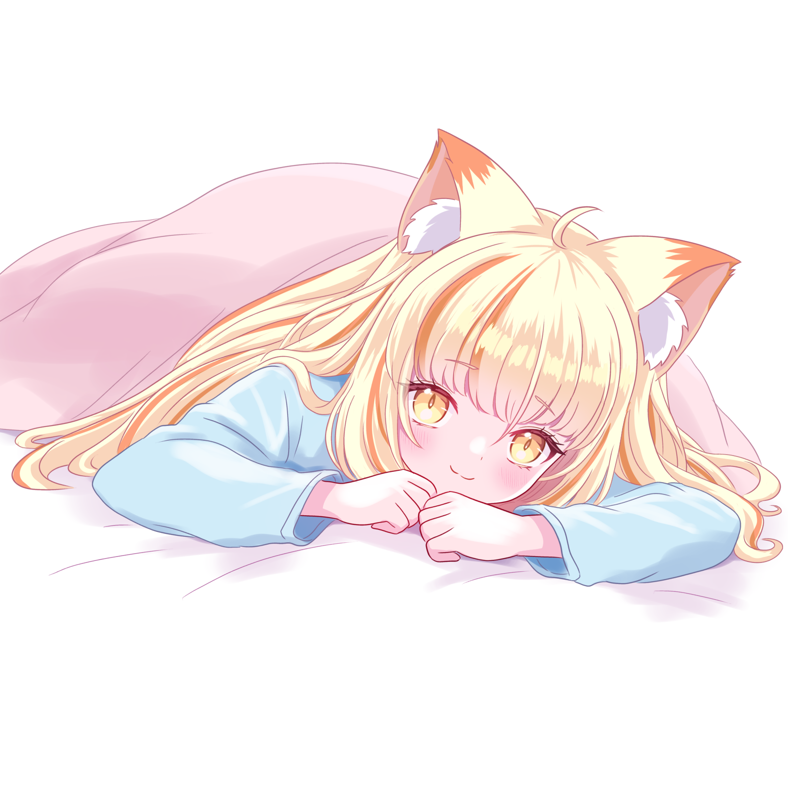 nyantasia, sanrio, highres, 1girl, animal ears, blonde hair, blue pajamas, blue shirt, cat ears, cat girl, kagunya, long hair, long sleeves, looking at viewer, lying, multicolored hair, nyamamugi tart, on stomach, orange hair, pajamas, shirt, smile, streaked hair, transparent background, under covers, virtual youtuber, yellow eyes