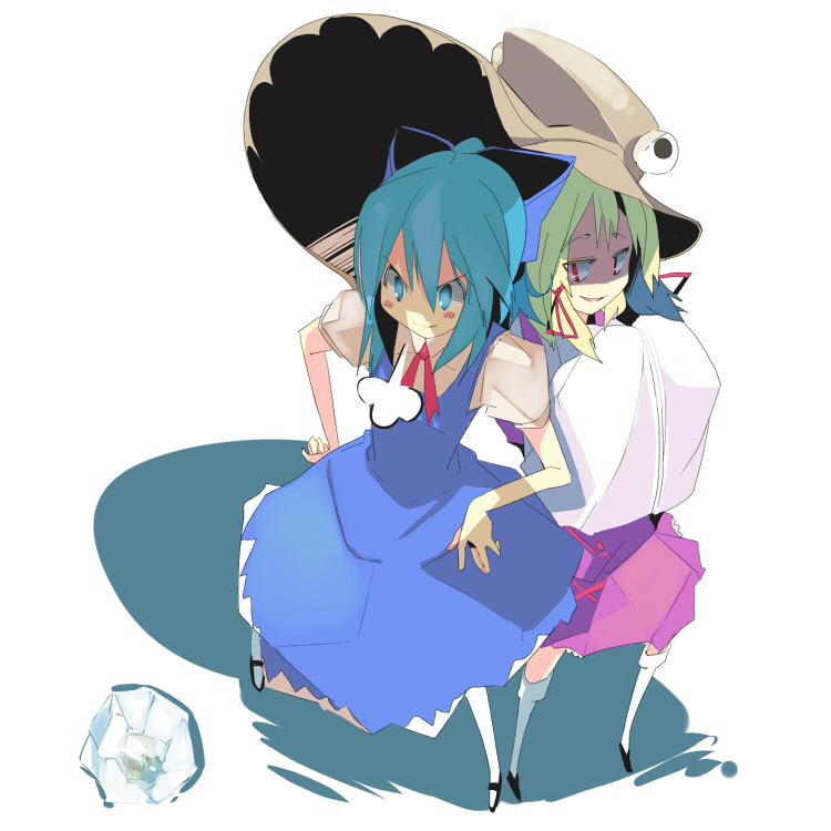 kanikama, cirno, moriya suwako, pyonta, touhou, 2girls, blonde hair, blue eyes, blue hair, circled 9, female focus, frog, frozen, frozen frog, hair ribbon, hat, ice, multiple girls, red eyes, ribbon, you gonna get raped