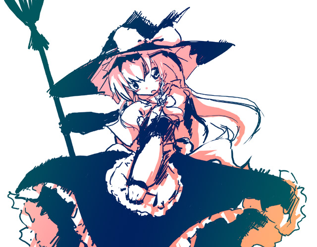 neki-t, kirisame marisa, touhou, 1girl, broom, female focus, hat, monochrome, solo, witch, witch hat