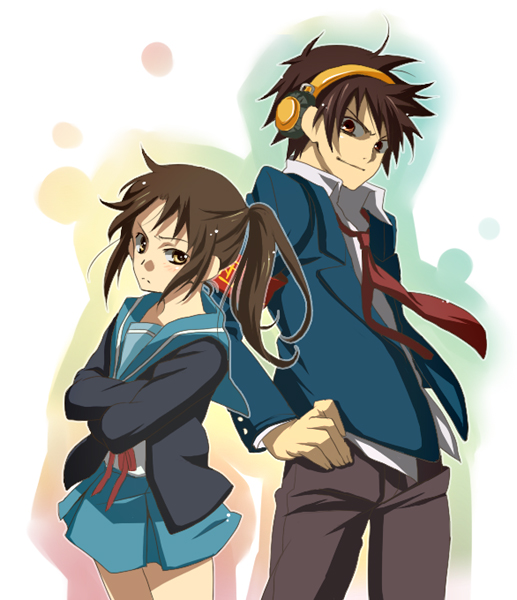 katsuko (naruto), kyonko, suzumiya haruhi, suzumiya haruhiko, suzumiya haruhi no yuuutsu, 00s, 1boy, 1girl, cardigan, genderswap, genderswap (ftm), genderswap (mtf), headphones, ponytail, school uniform, serafuku