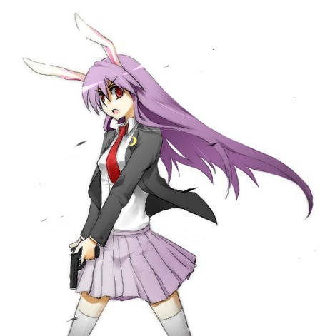 mio (artist), mio (rominuato), reisen udongein inaba, touhou, bad id, bad pixiv id, lowres, 1girl, animal ears, female focus, gun, handgun, long hair, necktie, pistol, purple hair, rabbit ears, red necktie, skirt, solo, thighhighs, weapon